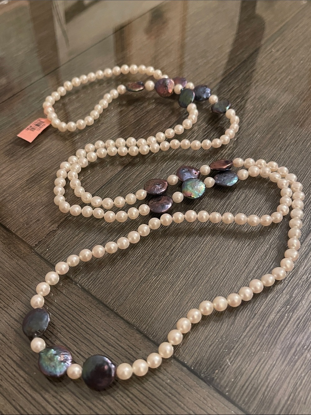 Long Single Strand White Fresh Water Pearls with Peacock Coin Pearls 47” approx